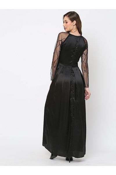 Mish By Styli Beaded Sheer Sleeves Satin Cutout Detail Fit and Flare Maxi Dress with Side Slit