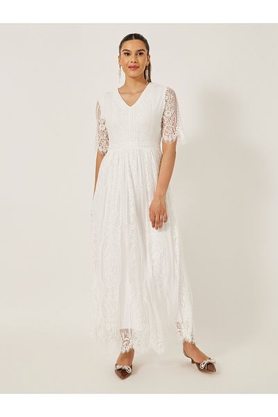 Styli Short Sleeves V-Neck A-Line Lace Maxi Dress