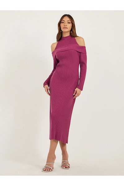 Styli Ribbed Cold Shoulder Sheath Midi Dress