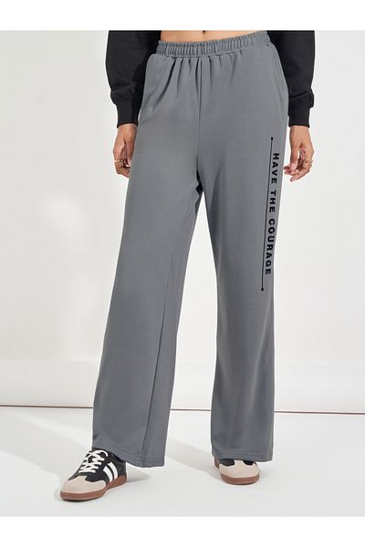 Styli Slogan Print High Rise Wide Leg Joggers
