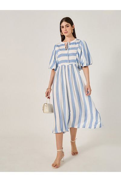 Styli Striped Balloon Sleeves A-Line Midi Dress