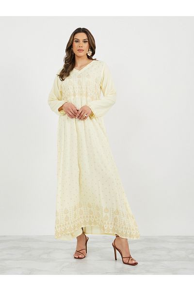 Styli Placement Print V-Neck A-Line Jalabiya