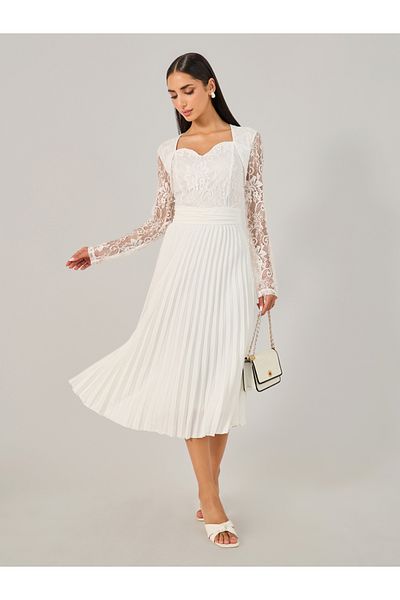 Styli Lace Detail Pleated A-Line Midi Dress