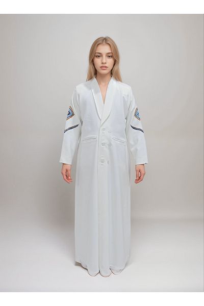 Generic Off-white abaya featuring geometric embroidery on the sleeves