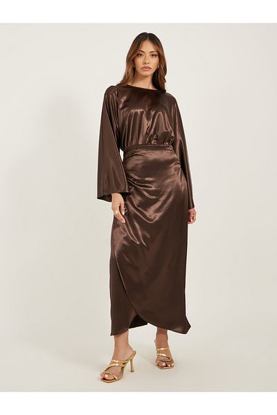 Styli Plain Long Sleeves Wrap Look A-Line Maxi Dress