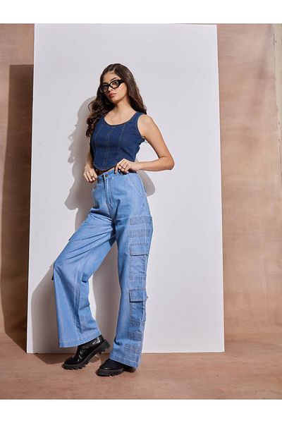 Sassafras By Styli High Rise Contrast Stitch Detail Cargo Pants