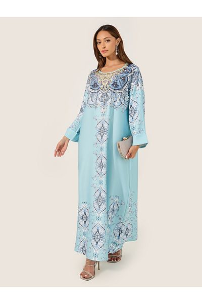 Styli Printed Jalabiya with Faux Pearl Embroidery