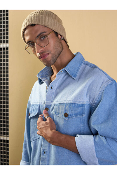 Mascln Sassafras By Styli Light Blue Color Block Oversize Shacket