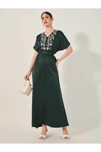 Styli Embroidered Satin Jalabiya with Waist Tie Detailc