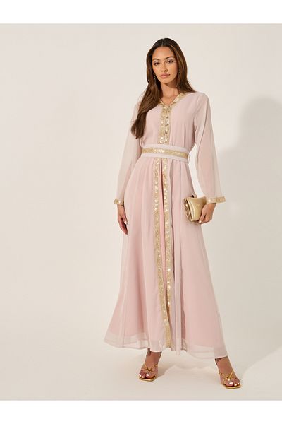 Styli Embellished Lace Insert V-Neck Layered Kaftana