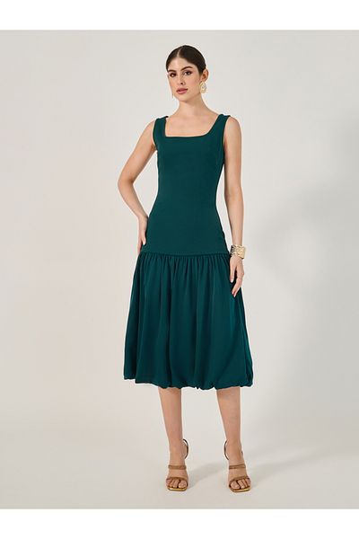 Styli Sleeveless Square Neck Drop Waist A-Line Midi Dress