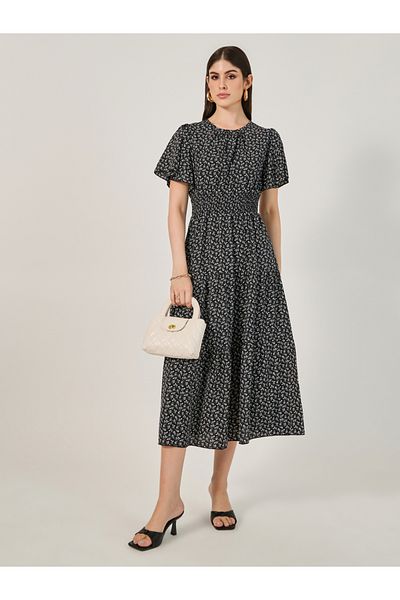 Styli Print Short Sleeves Tiered Maxi Dress