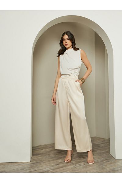 Styli Mid Rise Wide Leg Satin Pants
