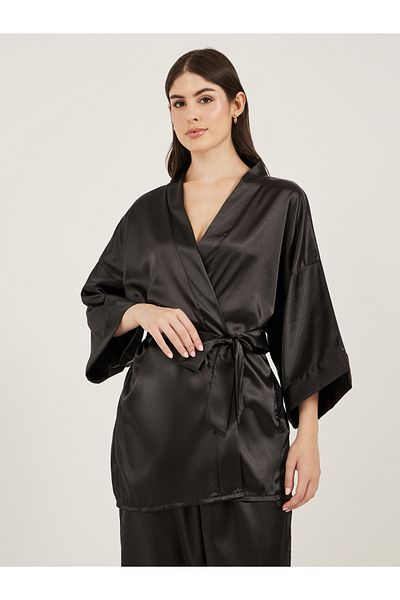 Styli Satin Tie Waist Kimono and Pyjama Set