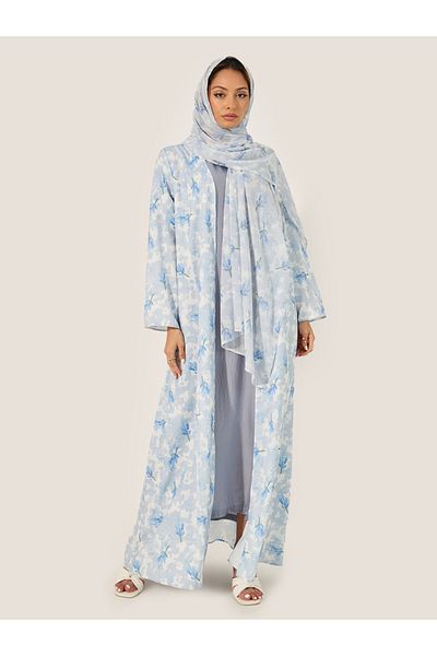 Styli Floral Print Flared Abaya with Printed Scarf