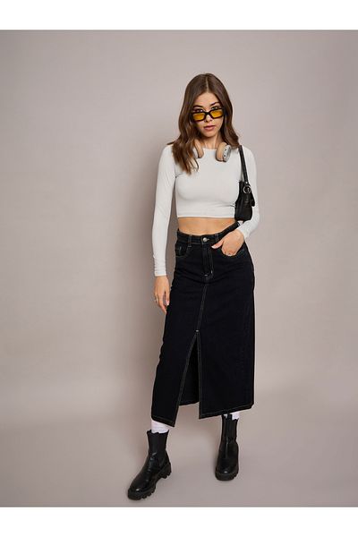 Sassafras By Styli Plain Front Slit Denim A-Line Midi Skirt