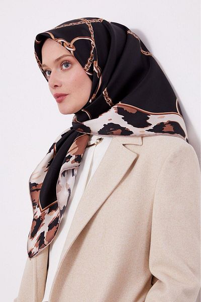Levidor Twill Silk Scarf Chain Pattern Μαύρο, Κρέμα, Πούδρα