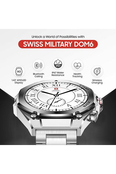 Swiss Military DOM6 Smartwatch 1.43” AMOLED,BT Calling,Health & Sports,IP67,7 Days,iOS/Android Compatible Silver