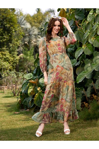 Sassafras By Styli Tropical Print Cut Out Waist Maxi Dress