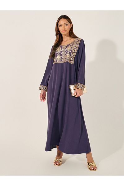 Styli Textured Embroidered Round Neck A-Line Jalabyia