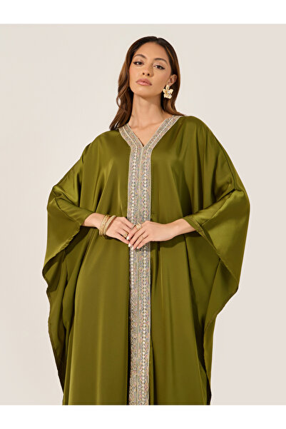 Styli Satin V-Neck Lace Panel Kaftan