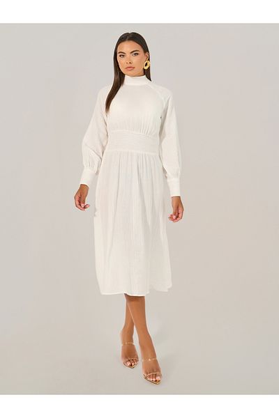 Styli Plain Smocked Waist A-Line Midi Dress