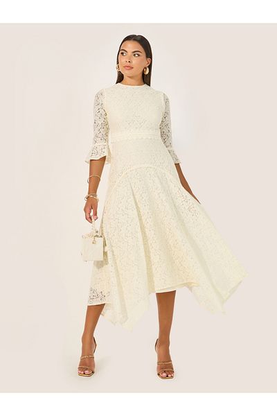 Styli Lace Detail High Neck Asymmetric Hem Midi Dress