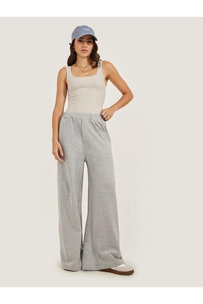 Styli Solid Elasticated Waistband Wide Leg Joggers with Pockets