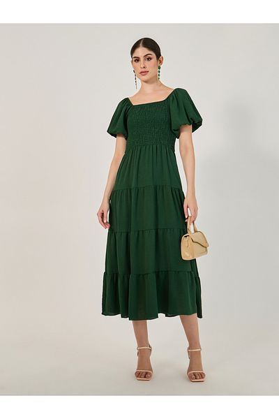 Styli Plain Off Shoulder Tiered Midi Dress