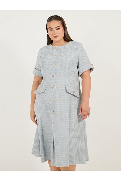 Styli Plus Size Short Sleeves A-Line Tweed Midi Dress