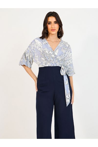 Styli Wide Leg Front Wrap Printed Jumpsuit