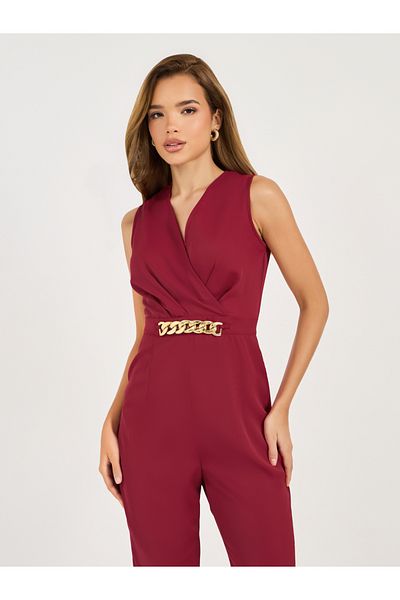 Styli Solid V Neck Sleeveless Jumpsuit with Metal Buckle Detail