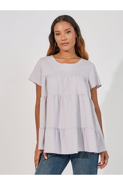 ARIA ROMANCE By Styli Solid Round Neck Tiered Detail Top