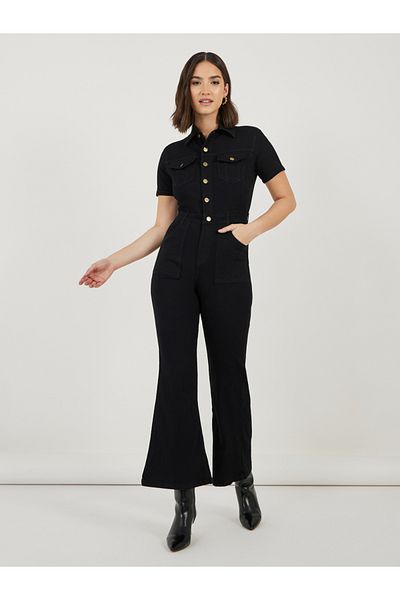 Styli Button Front Detail Flared Denim Jumpsuit