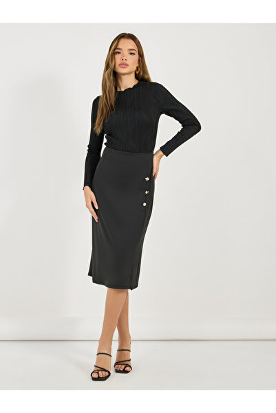 Styli Straight Fit Midi Skirt with Side Slit and Button Detail