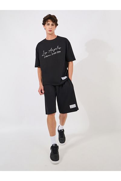 Styli Chest Print Heavy Cotton Jersey T-Shirt and Badge Detail shorts Co-Ords