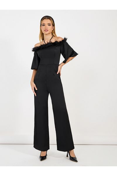 Styli Faux Feather Trim Wide Leg Jumpsuit
