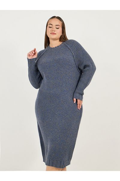Styli Plus Size Rib Knit Long Sleeve Sweater Midi Dress