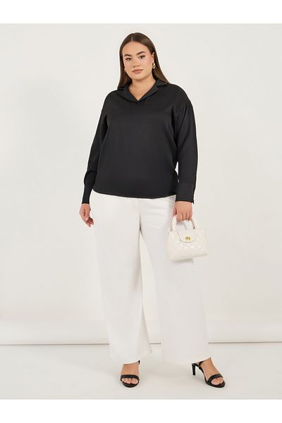 Styli Plus Size Notch Collar Long Sleeve Blouse