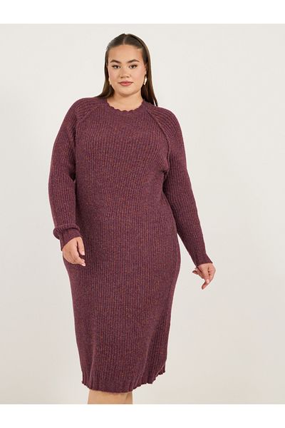 Styli Plus Size Rib Knit Long Sleeve Sweater Midi Dress