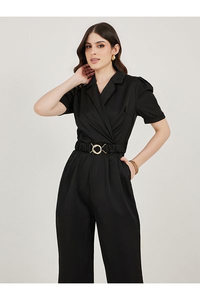 Styli Lapel Collar Straight Leg Jumpsuit with Elasticated Belt