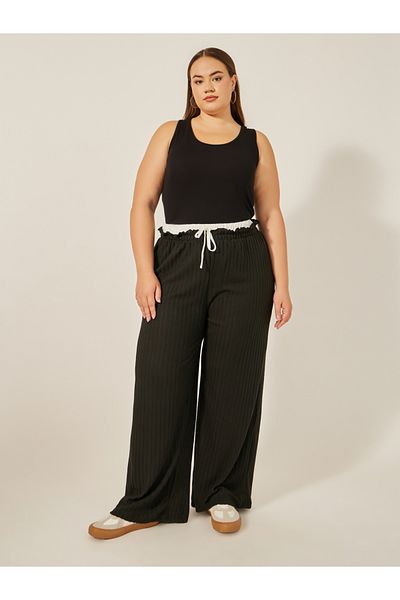 Styli Plus Size Striped High Rise Wide Leg Pants with Drawstring