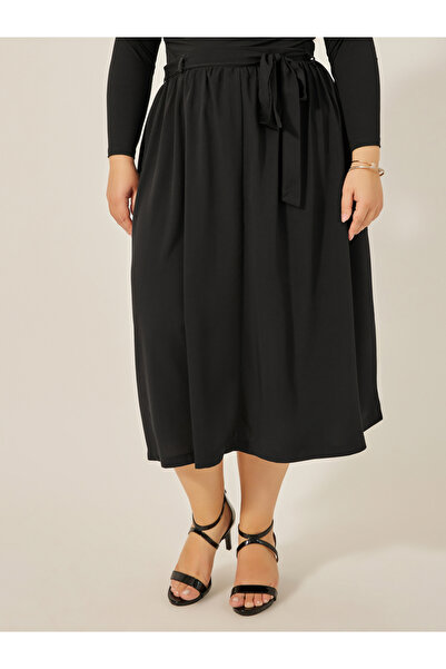 Styli Plus Size Gathered Detail Midi Skirt with Tie-Up Belt Detail