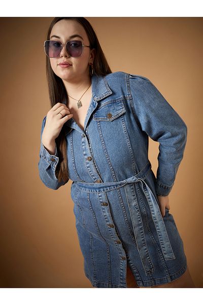 Sassafras By Styli Plus Size Front Button Belted Shirt Mini Dress