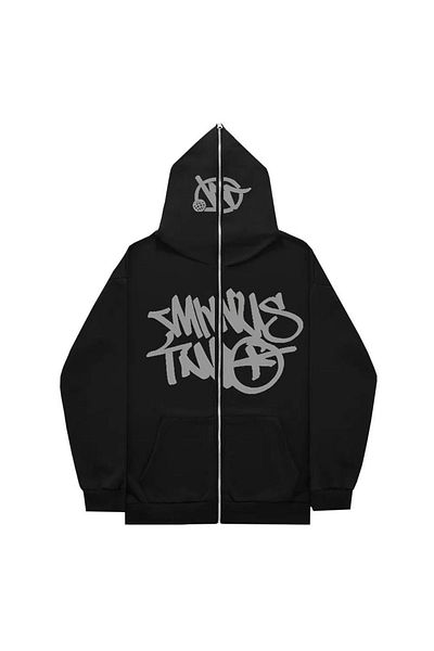 aynewmoda Oversized Zippered Hooded Sweatshirt with Mask Design