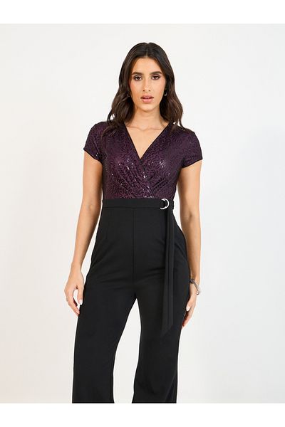 Styli Wide Leg Front Wrap Sequined Jumpsuit
