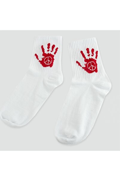 İlke Hand Patterned College Socks 8*28 - White