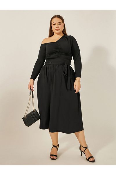 Styli Plus Size Gathered Detail Midi Skirt with Tie-Up Belt Detail