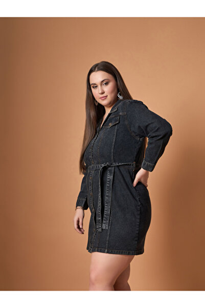 Sassafras By Styli Plus Size Front Button Belted Shirt Mini Dress