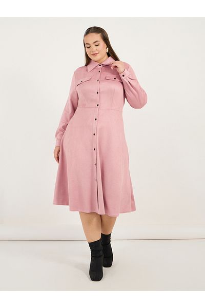 Styli Plus Size Suede Look Shirt Midi Dress with Buttons